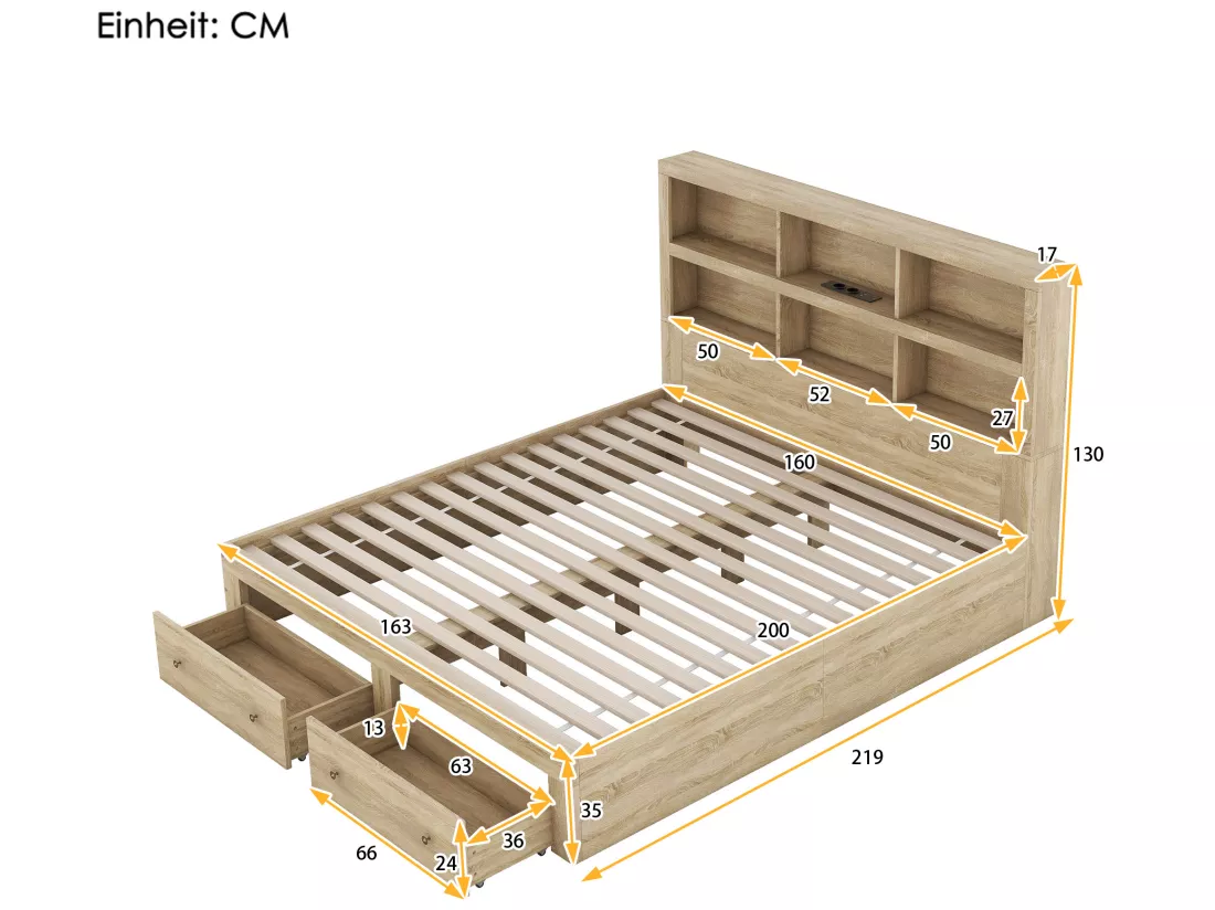 Lit double en bois massif avec tiroirs de rangement et tête de lit, naturel