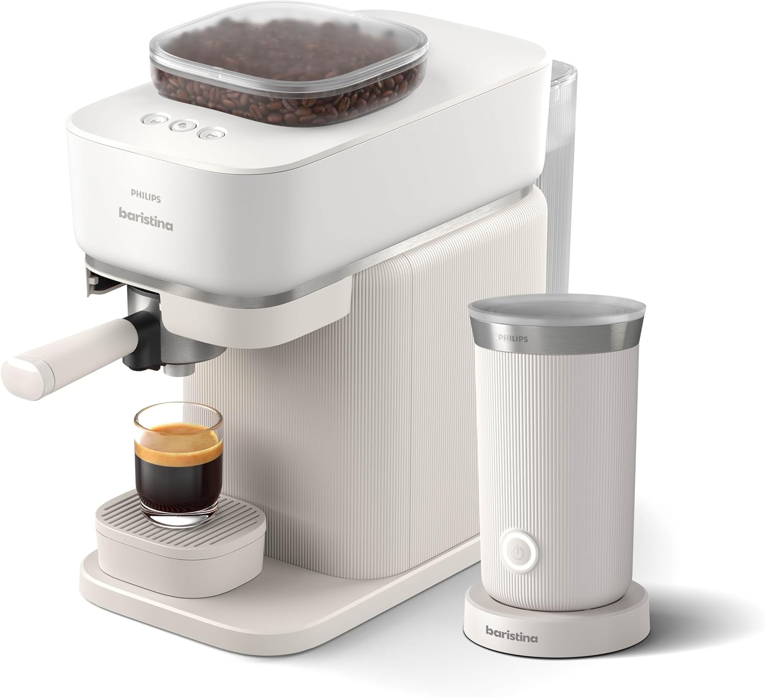 Philips Baristina Espressomaschine und Milchaufschäumer Paket – Automatisches Mahlen, Tampen & Brühen, 16 Bar, Kaffeemaschine mit Mahlwerk & Siebträger, leichte Reinigung, Naturweiß (BAR303/00)
