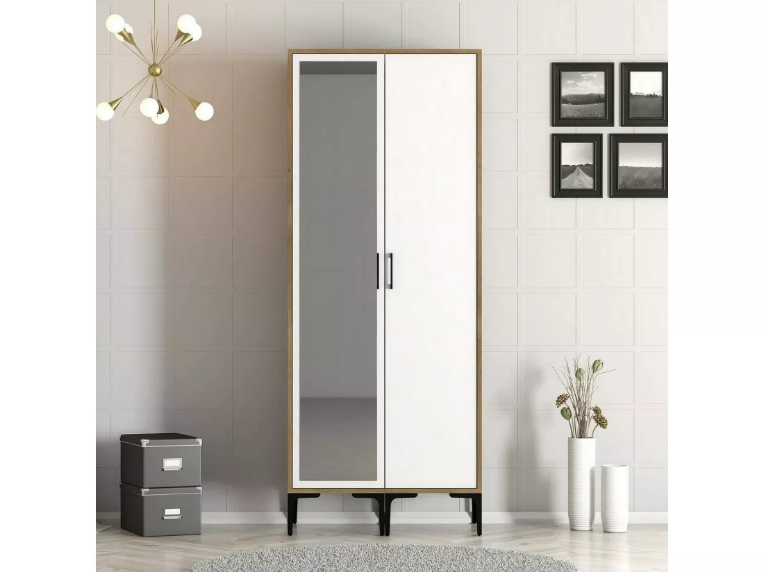 Garde-robe 2 portes Dbergonz, Meubles de chambre, Penderie de plain-pied, Placard à vêtements, 80x201h48 cm, Noyer et Blanc