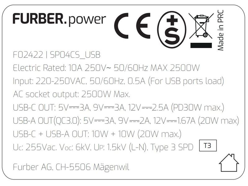 FURBER.power Steckdosenleiste 4 x T13, USB-C, USB-A Steckerleiste mit zwei USB-Anschlüssen