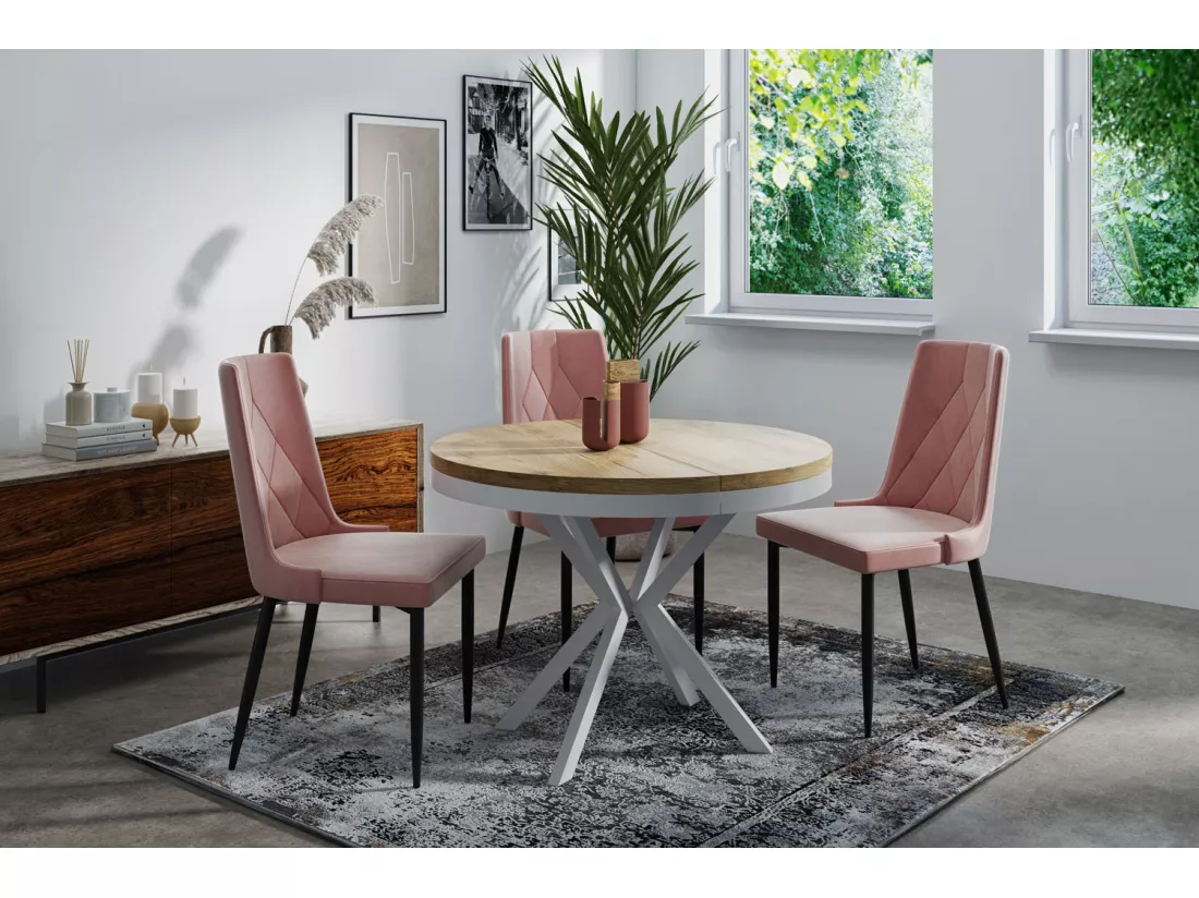 Table à Manger Extensible Ronde - Table Style Loft Avec Pieds En Métal Blancs - 100 à 180 Cm - Table Ronde Style Industriel Pour Le Salon - Compacte - 100 Cm - Chê