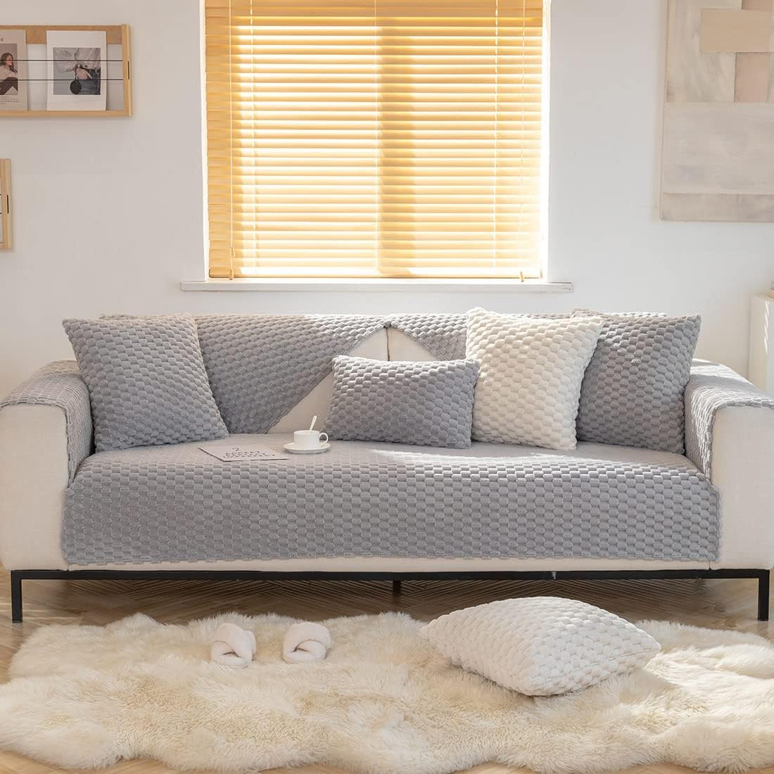 (90x210cm) Flauschiger Sofa Schonbezug Rutschfeste Couch Unterlage Überwurf Decke - Grau