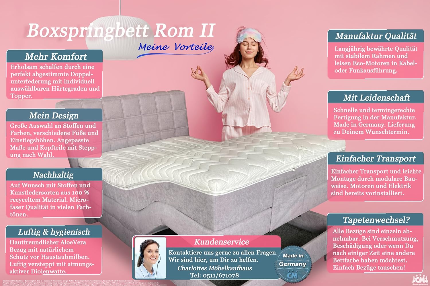 Boxspringbett ROM II elektrisch verstellbar 100x200 cm Echtes Boxspringbett mit Doppelunterfederung Härtegrad H2 H3 H4. Qualität Made in Germany. (100 x 200 cm)