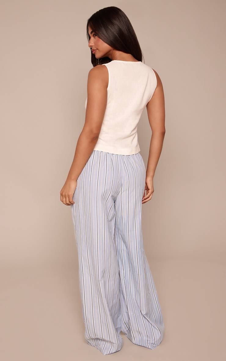 Bleu Pantalon Large À Rayures Fines Taille Élastiquée Petite