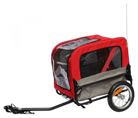 Remorque velo utilitaire maxi 40kg colori rouge avec roues 12  fixation axe de roue arriere - pour transport chien-bagage - 2 ouvertures (avant arrière)   bras supplementaire