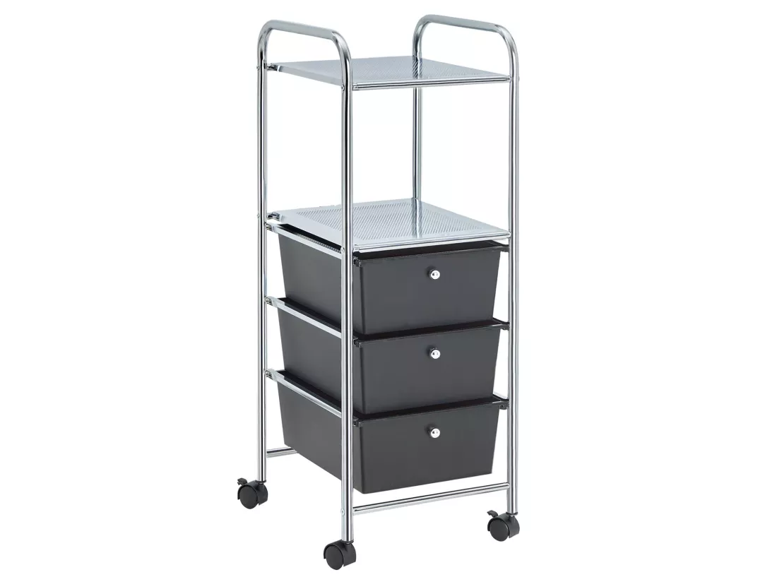 Caisson sur roulettes GINA chariot avec 3 tiroirs en plastique noir et 2 étagères, meuble de rangement pour salle de bain en métal