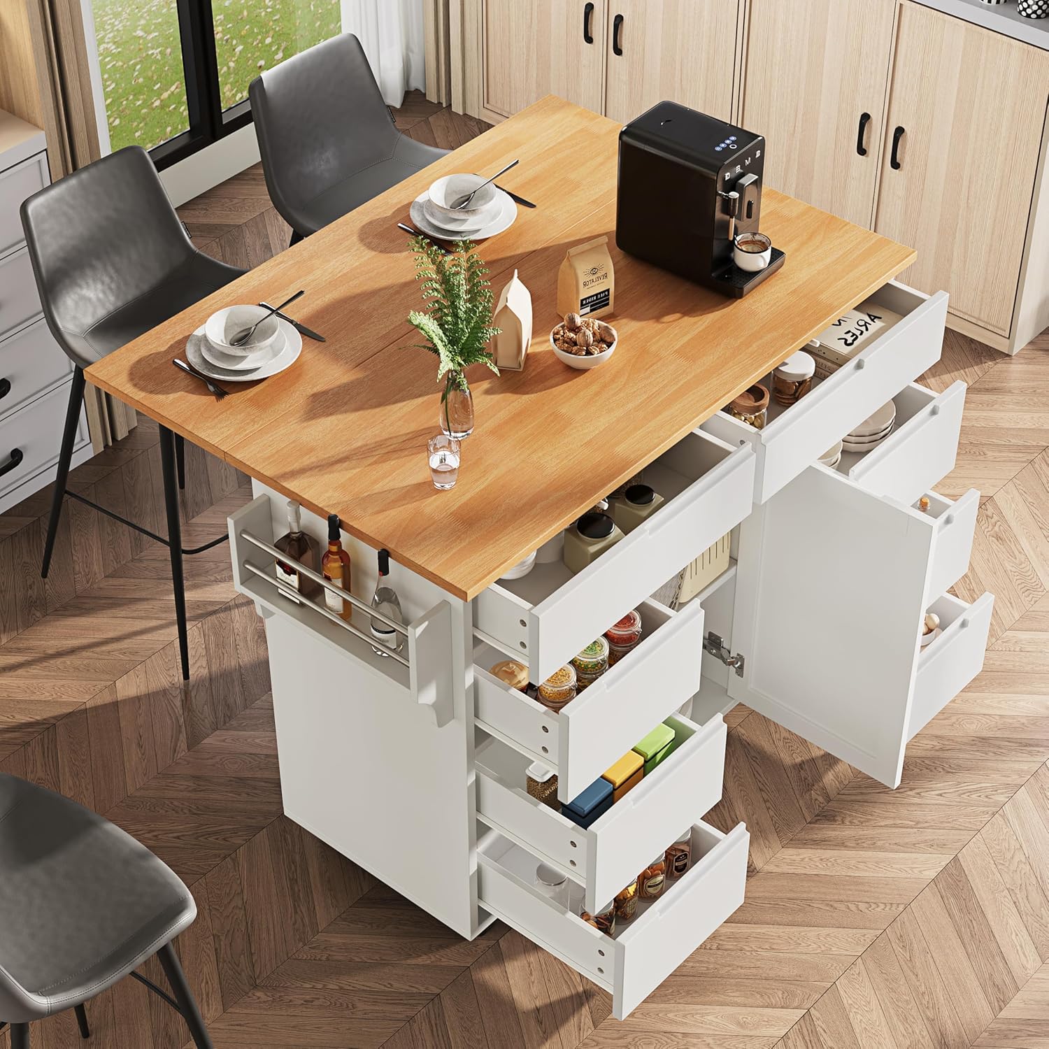 ZYLOYAL10 Moderne Kücheninsel, Küchenschrank, Ausziehbarer Küchenwagen mit Rollen und Arbeitsplatte, Servierwagen mit Gewürzregal und 8 Schubladen (Weiß)