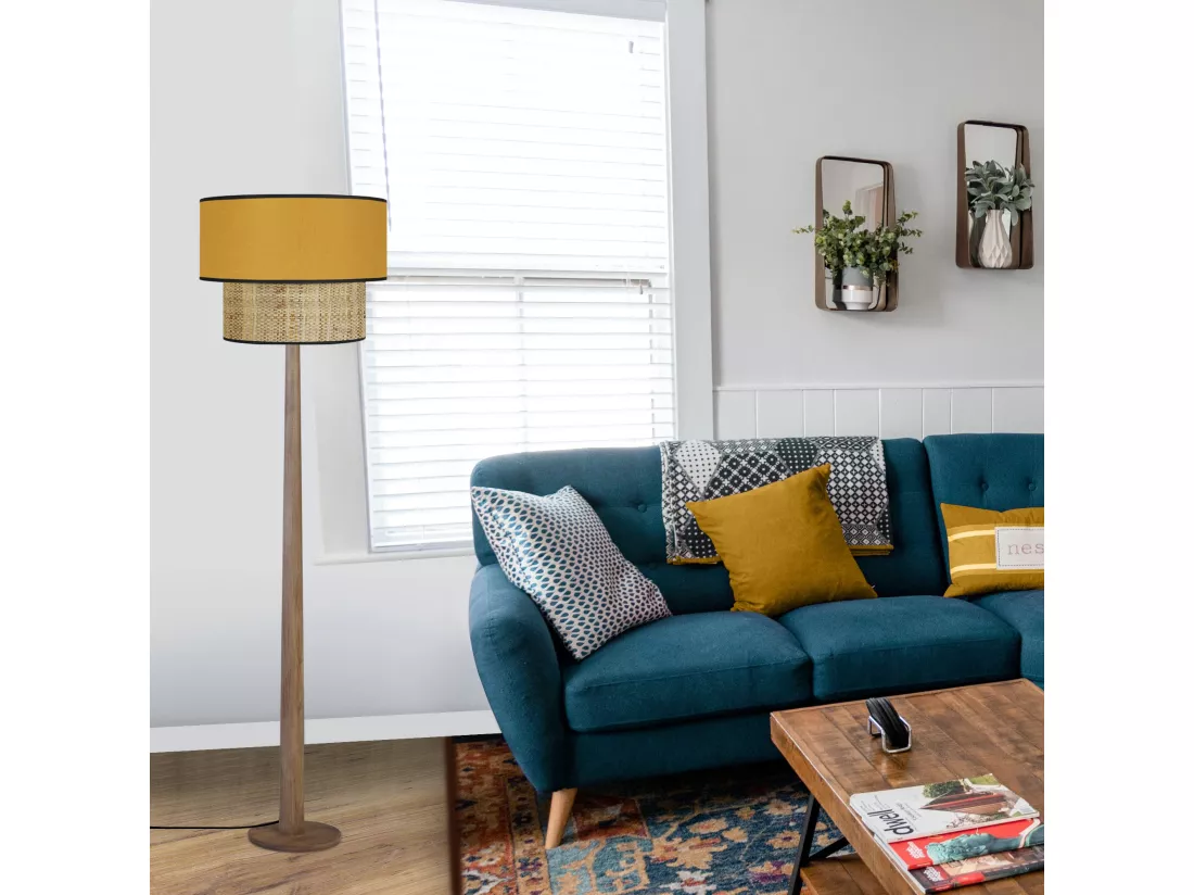 Lampadaire droit bois foncé,jaune 162 cm.