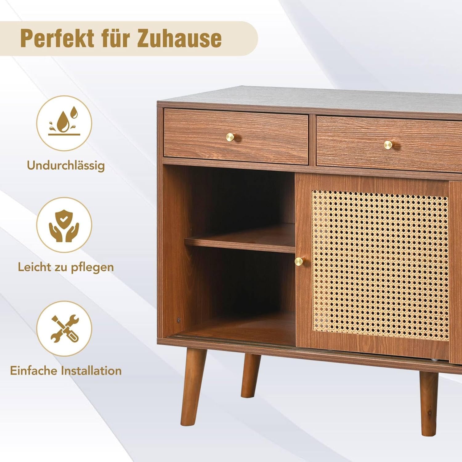 KOMHTOM Sideboard Kommode mit 3 Schubladen und 3 Schiebetüren, Aufbewahrungsschrank aus Holz, Schrank für Küche, Wohnzimmer und Büro, 120 x 40 x 78 cm (A-Walnuss)