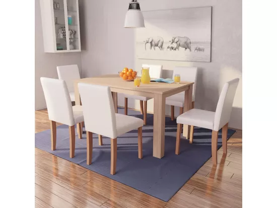 Table et chaises 7 pcs Cuir synthétique Chêne Couleur crème