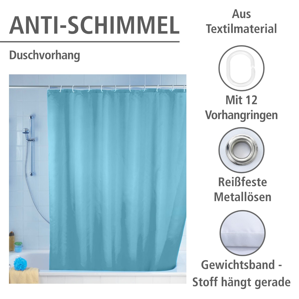 Wenko anti-schimmel douchegordijn 180x200cm polyester uni blauw inclusief ringen