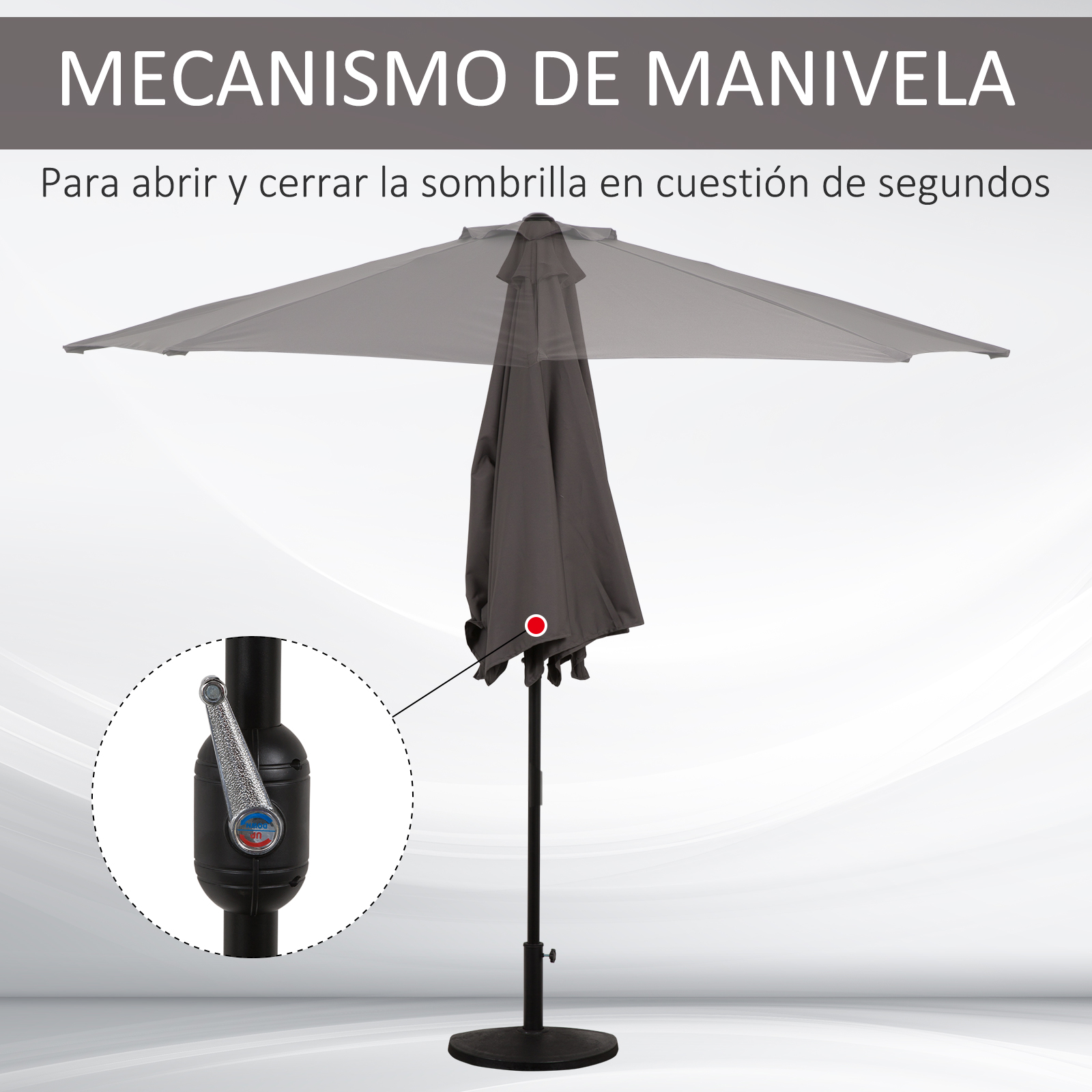 Guarda-sol de jardim Outsunny 269x138x236 cm com manivela e formato semicircular para terraço, pátio e piscina ao ar livre, cor cinza.