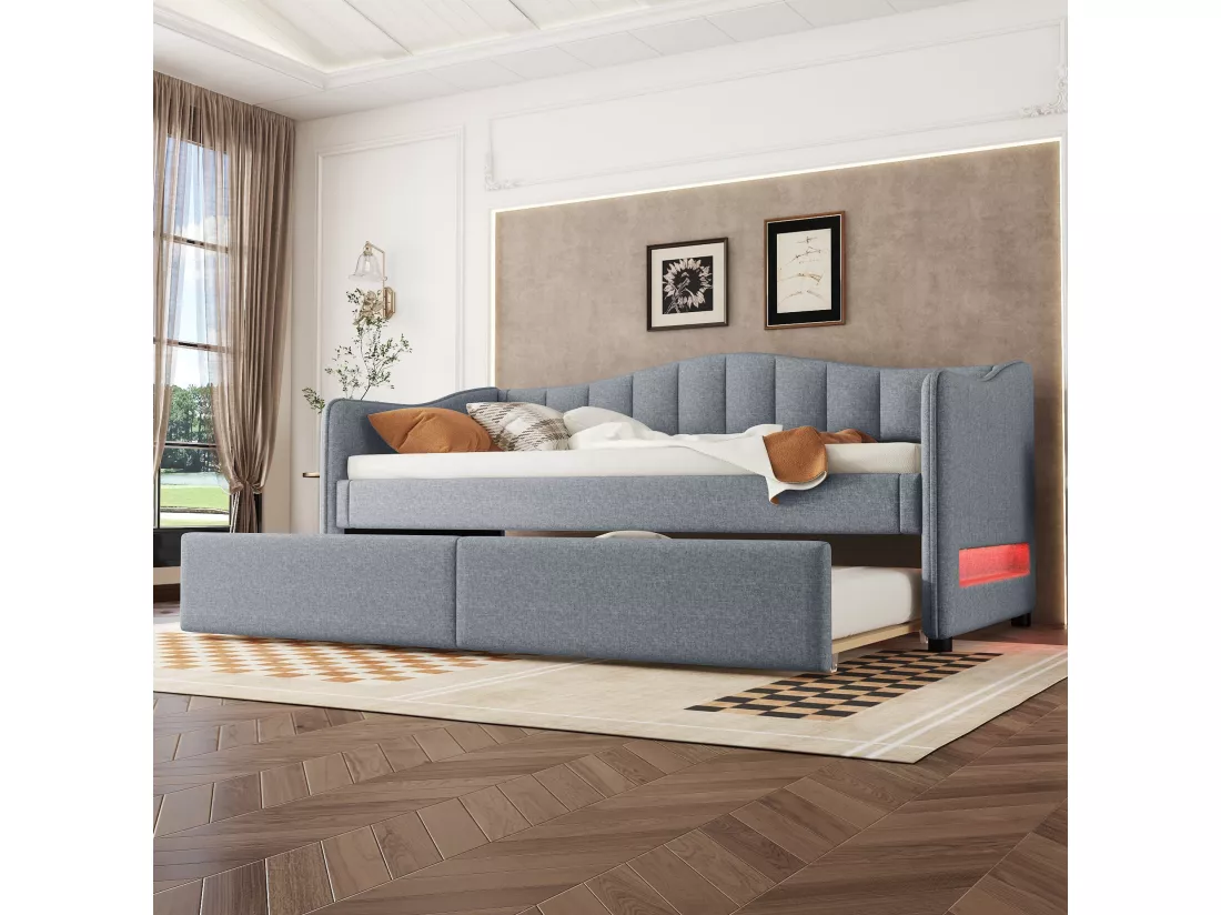 Lit gigogne 90/180 x 200 cm avec 2 tiroirs - tissu en lin - LEDs - gris (sans matelas)
