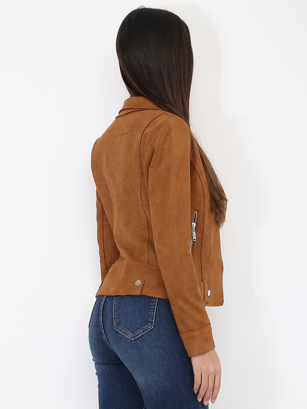 Blouson biker zippé en suédine- Camel foncé