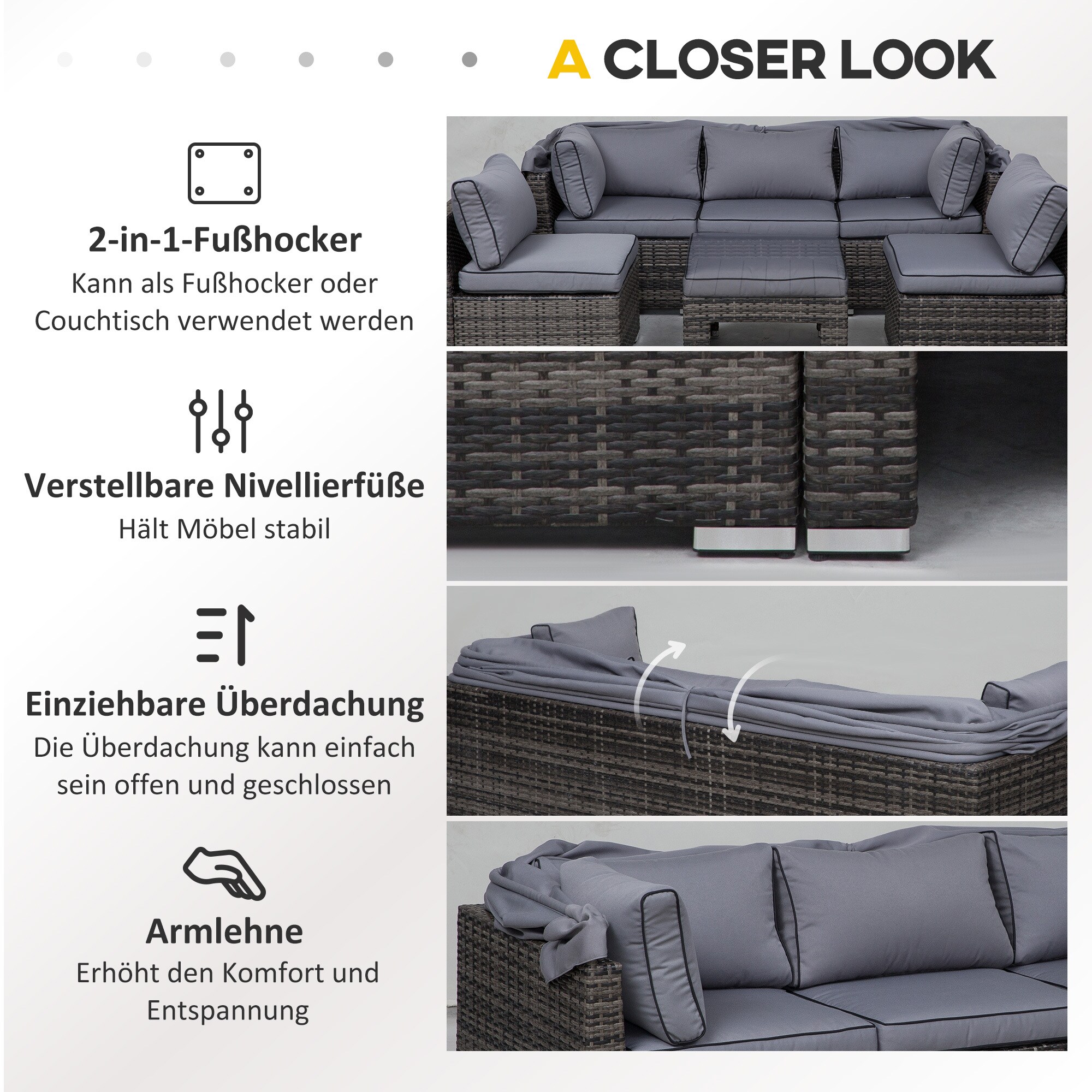 Outsunny Polyrattan Lounge-Set mit Sonnendach, Kissen und Beistelltisch grau
