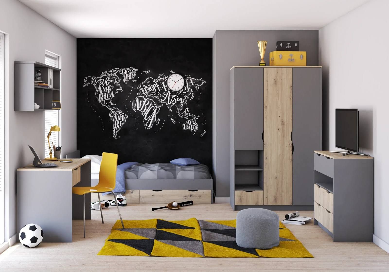 idzczak meble Set aus Bett Kleiderschrank Kommode