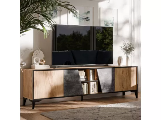 Meuble TV design couleur chêne et béton foncé avec 4 portes Ludwig