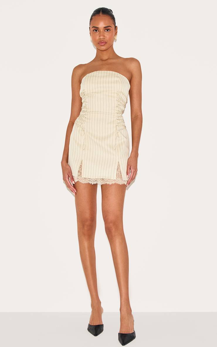 Crème Robe Droite À Rayures Fines Bandeau Avec Bordure En Dentelle