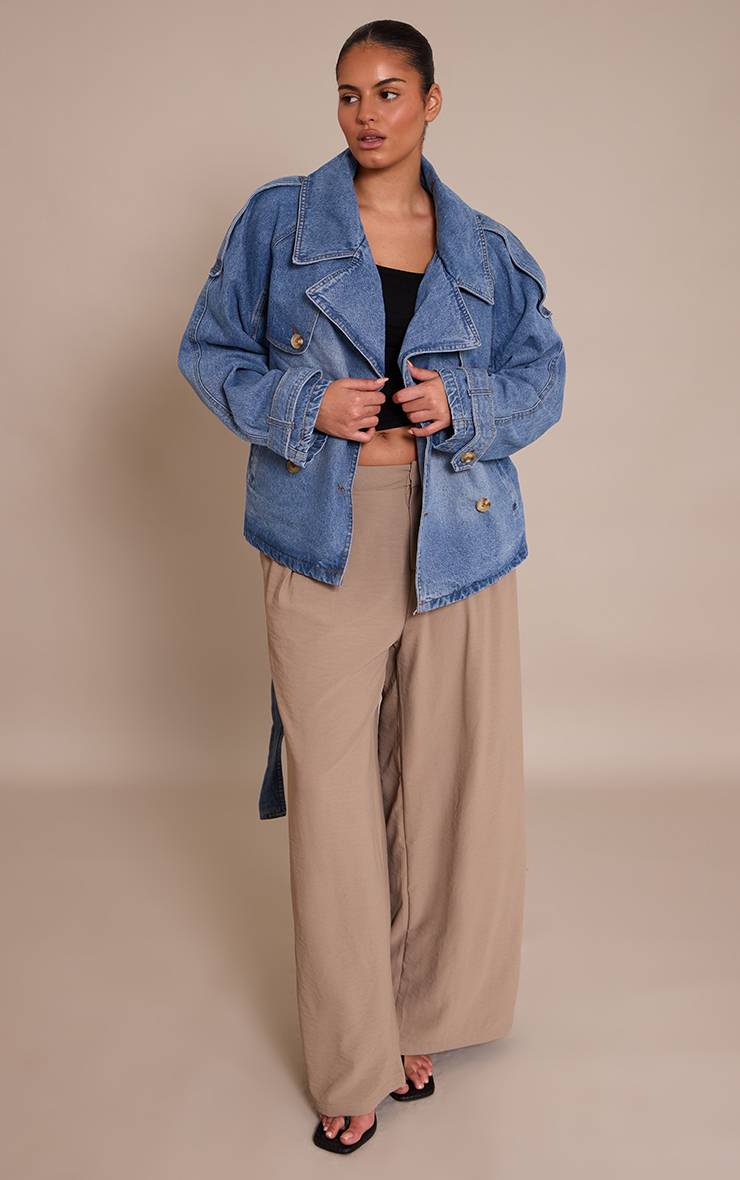 Vintage Mid Wash Trench Court En Jean Avec Ceinture Et Détails Boutonnés Grande Taille