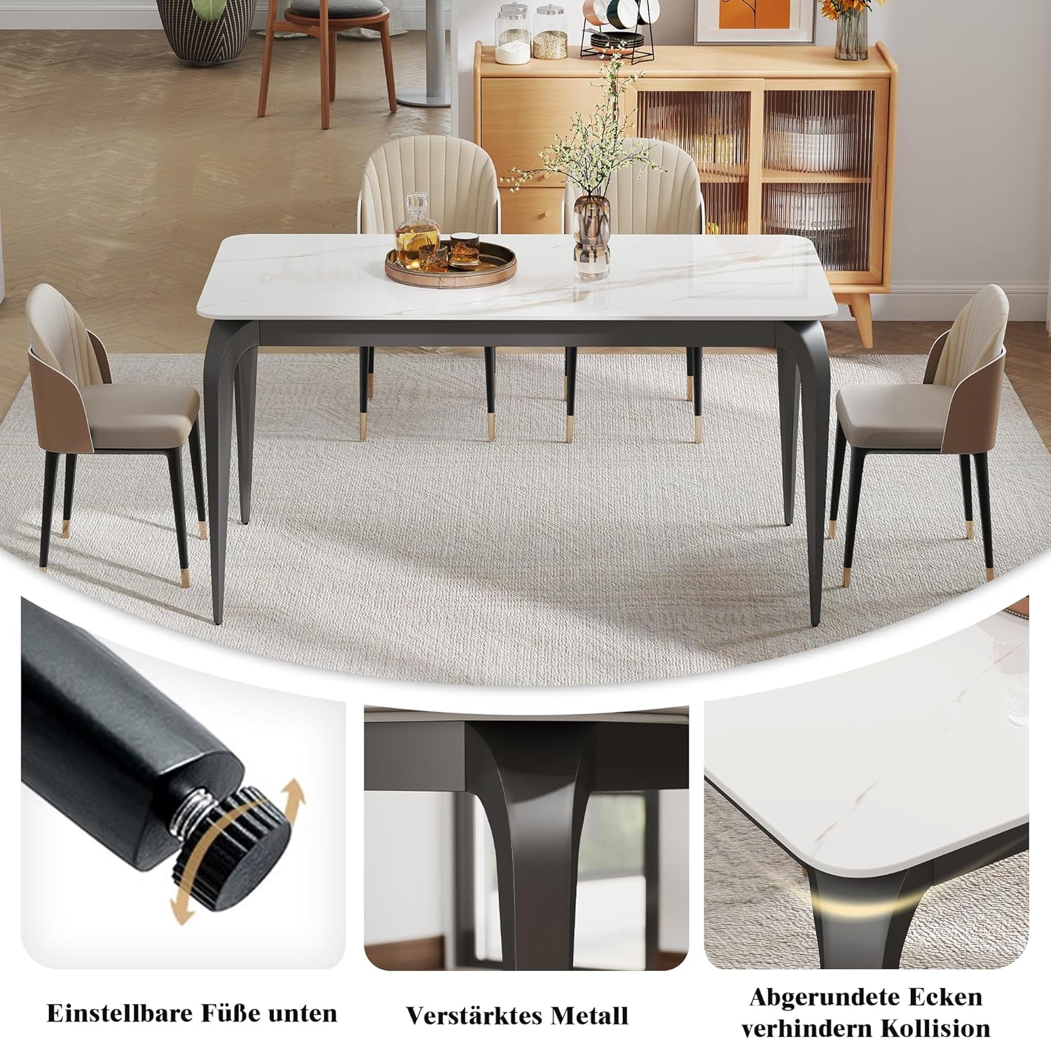 ZL ZELing Esstisch 140x70 cm, Küchentisch für 4-6 Personen, Keramik Esszimmertisch modern, Sinterstein, weiß, Kratzfest, Abriebfest, pflegeleicht, für Wohnzimmer, Küche, Schreibtisch