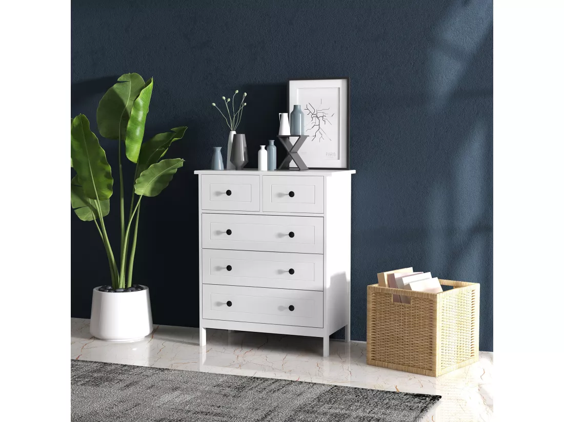 Commode 5 tiroirs style contemporain poignées boutons métal noir MDF panneaux blanc