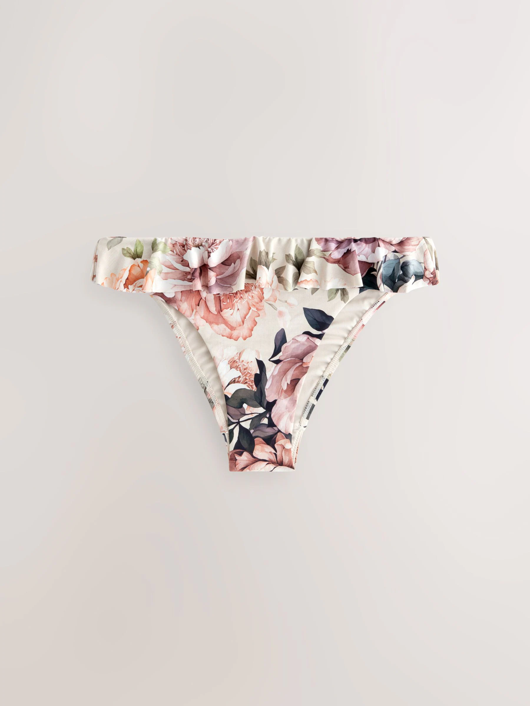 Neutrale/poederroze bloemen met volant - Bikinislip met hoge taille