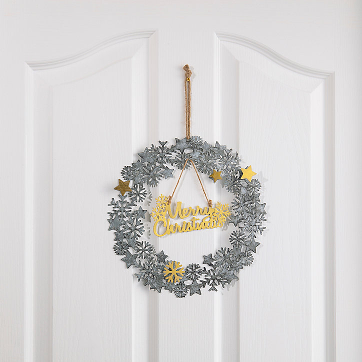 Couronne de Noël Merry Chistmas, métal, argent et doré, diam. 28 cm