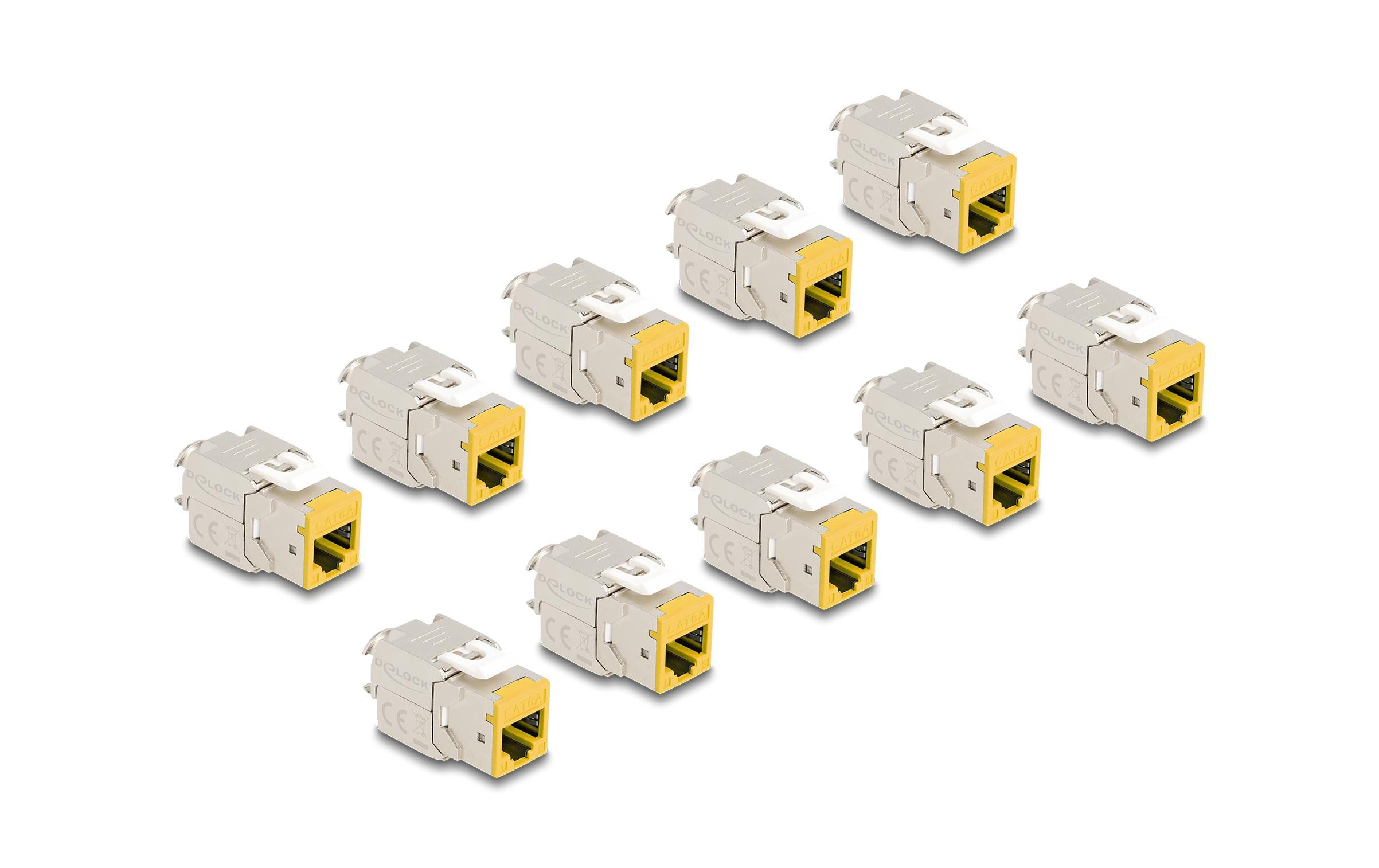 Keystone-Modul RJ45 zu LSA Cat.6A Gelb, 10 StückDelock Keystone Modul RJ45 Buchse zu LSA Cat.6A werkzeugfrei gelb Set 10 Stück
