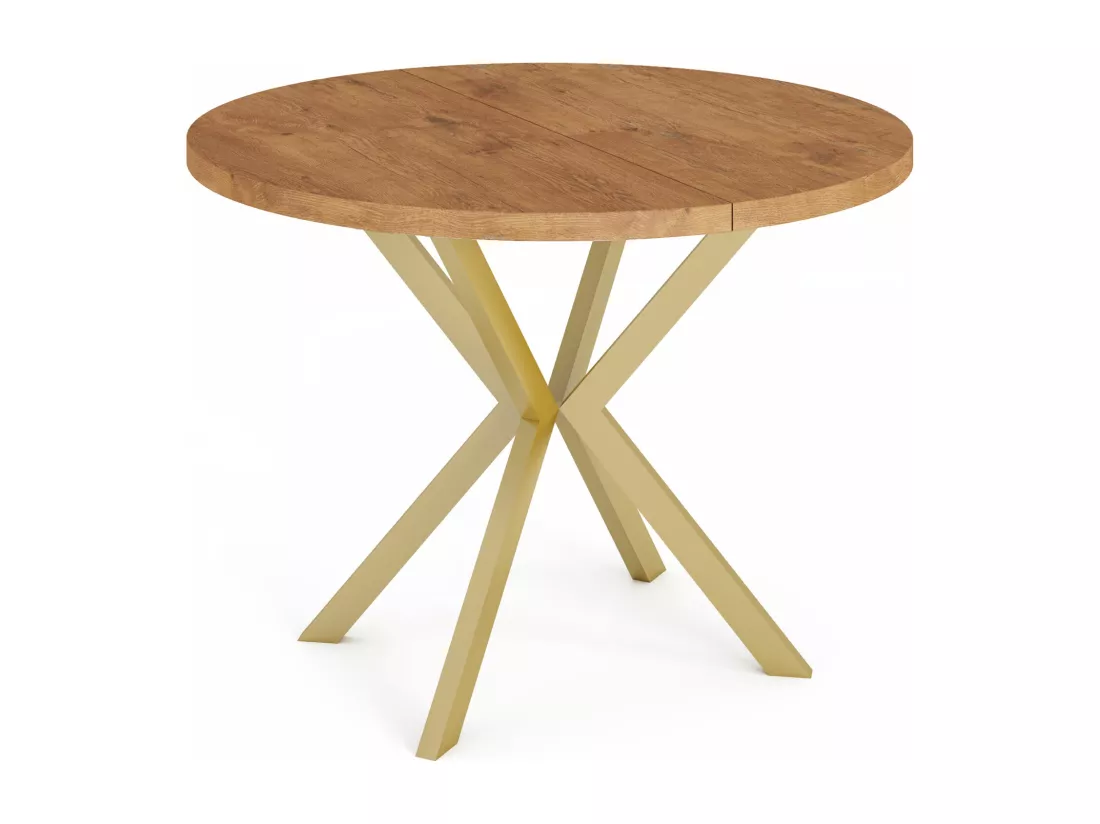 Table à Manger Extensible Ronde - Table Style Loft Avec Doré Pieds En Métal - 100 à 180 Cm - Ronde Table Style Industriel Pour Le Salon - Compacte - 100 Cm - Chêne