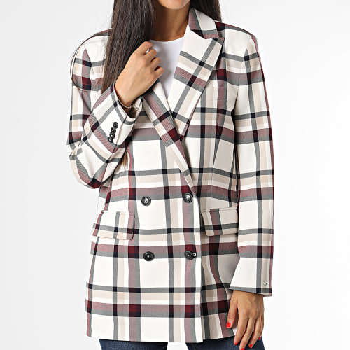 Veste Blazer A Carreaux Femme Global Stripe Check 0052 Beige Bordeaux Noir