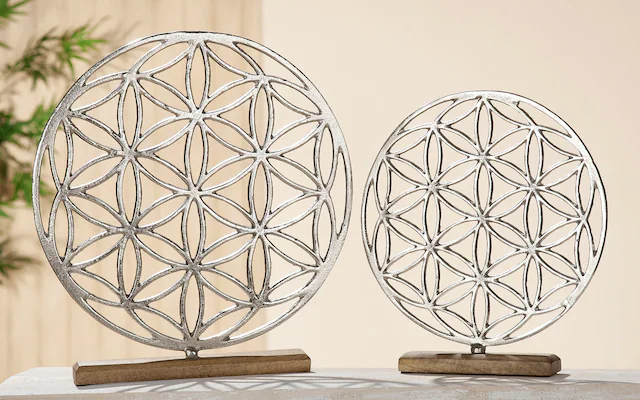 GILDE Dekoobjekt »Lebensblume auf Holzbase, silber« Höhe 36 cm, aus Metall, Sockel aus Holz, Wohnzimmer