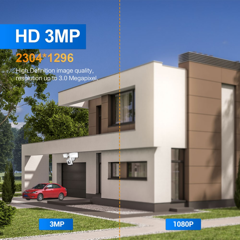 WiFi IP Kamera 3MP 1296p mit Nachtsichtfunktion / Micro SD / Scheinwerfern (1500 Lumen)  und Wandhalterung für iOS/Android (IP66) - Weiss