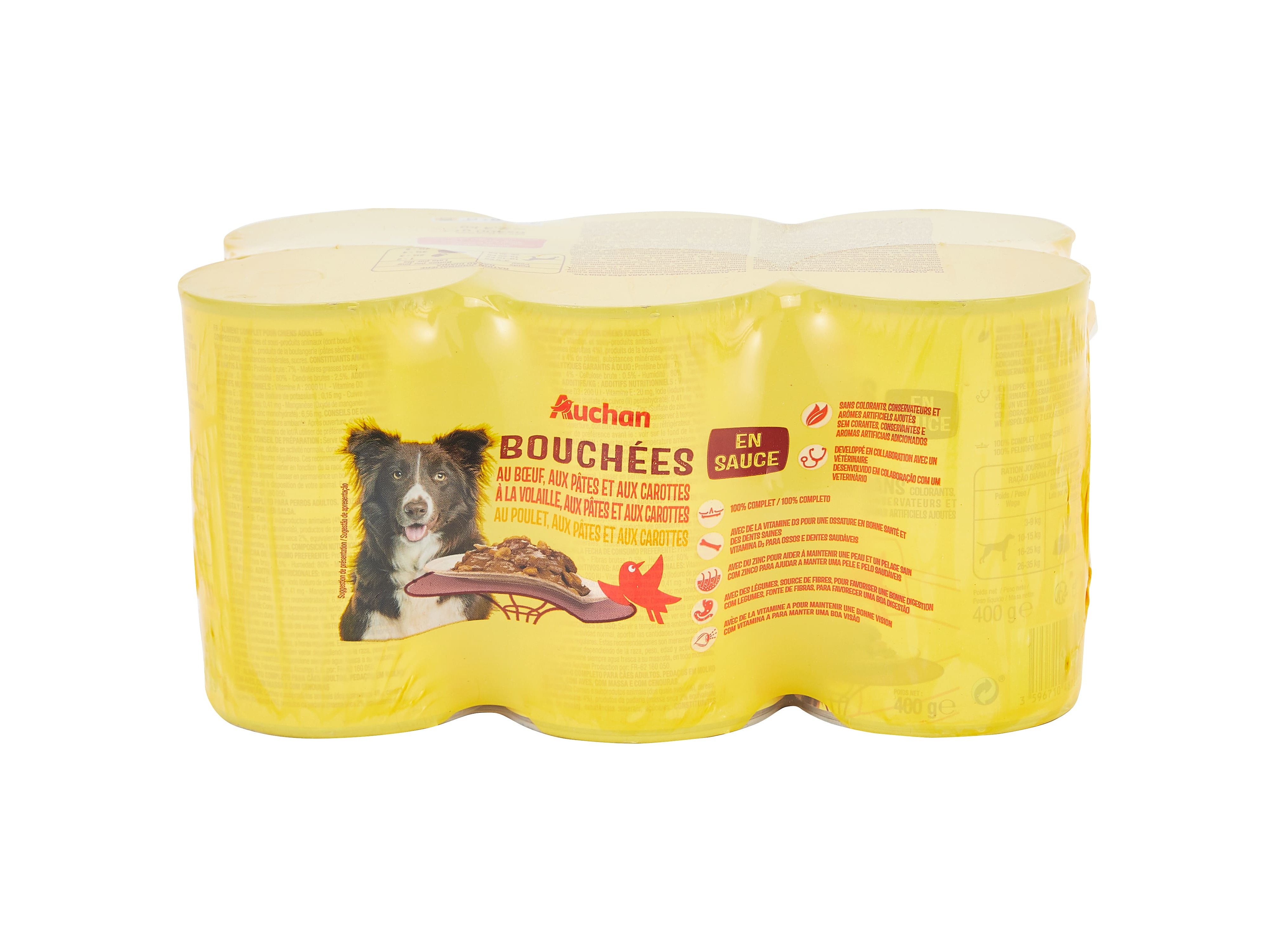 COMIDA HÚMIDA PARA CÃO AUCHAN PEDAÇOS MOLHO CARNES 6X400G