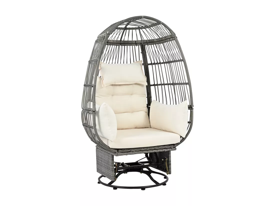 Chaise œuf de jardin - pivotante à 360° et inclinable vers l'avant et vers l'arrière - avec coussins blancs - acier galvanisé et rotin