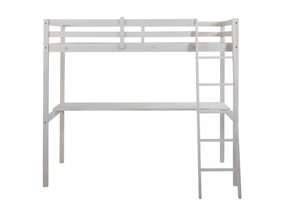 Lit mezzanine GEDEON II - 90 x 190 cm - Avec bureau - Pin massif - Blanchi