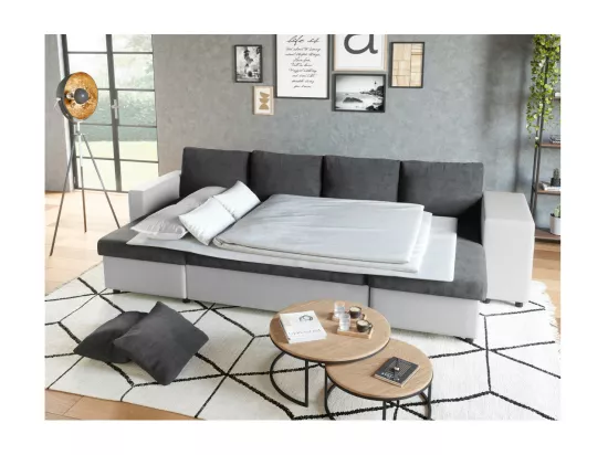 Canapé panoramique Oslo convertible avec coffres, poufs à droite - Simili/Microfibre - Blanc/Gris - L311 x P146 x H81cm - Loungitude
