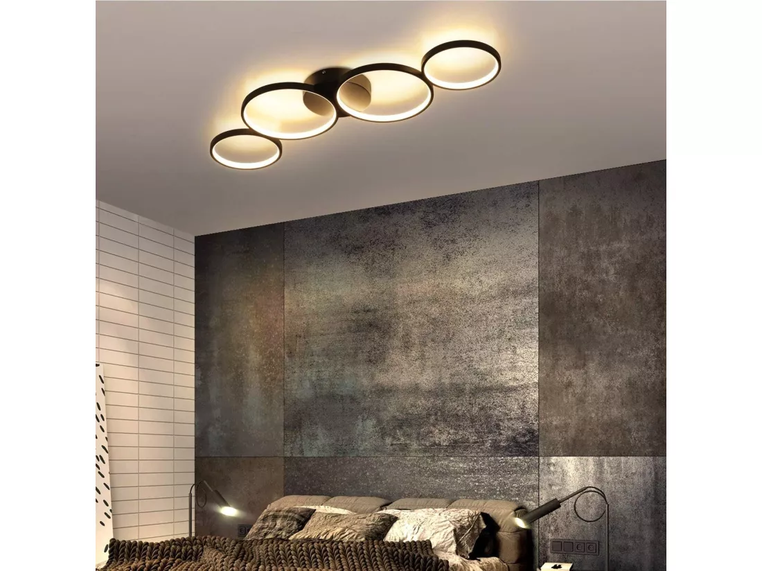 NETTLIFE Plafonnier LED moderne à intensité variable, noir, 88cm, 55 W, avec télécommande, Dimmable 4 Lampes 55W, Design Moderne