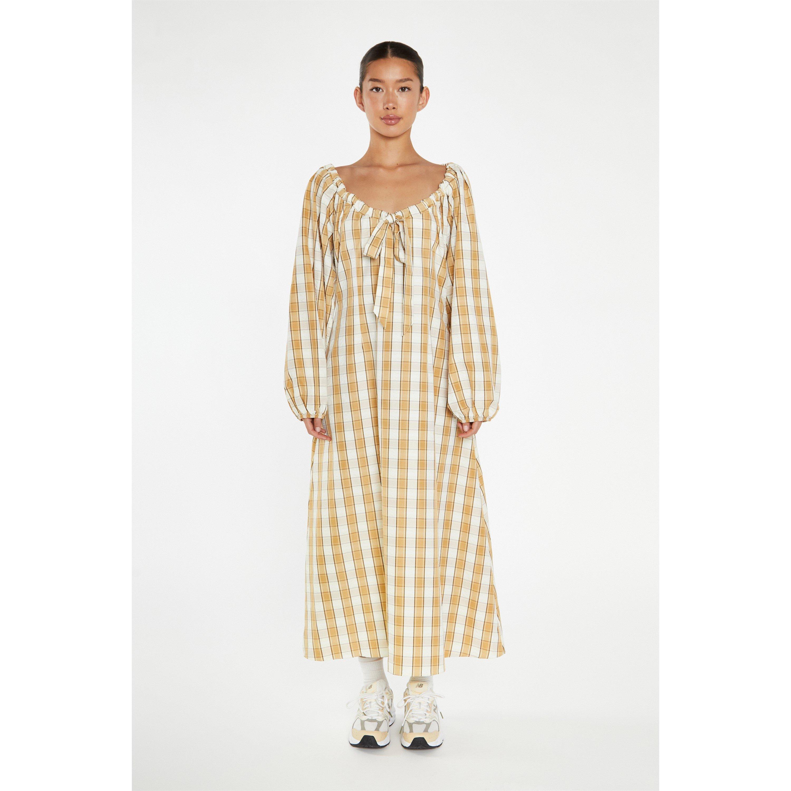 Glamorous Beige Cream Check Gathered Tie Neck Midi Dress