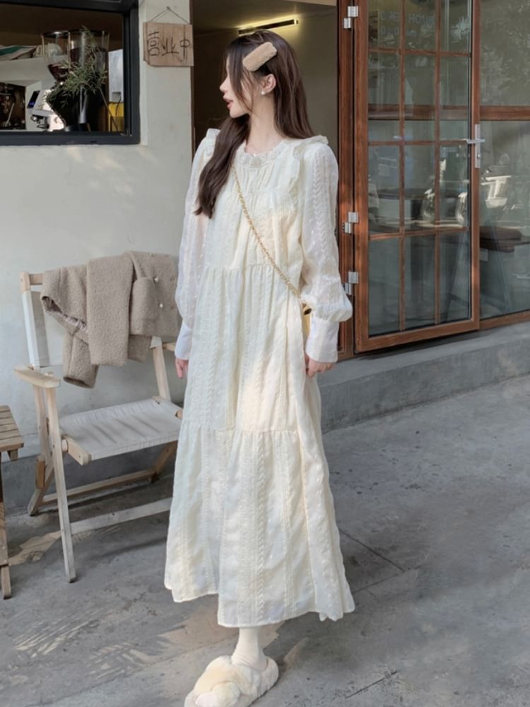 DiBi - Lange mouwen ronde hals effen geborduurde chiffon maxi A-lijn jurk