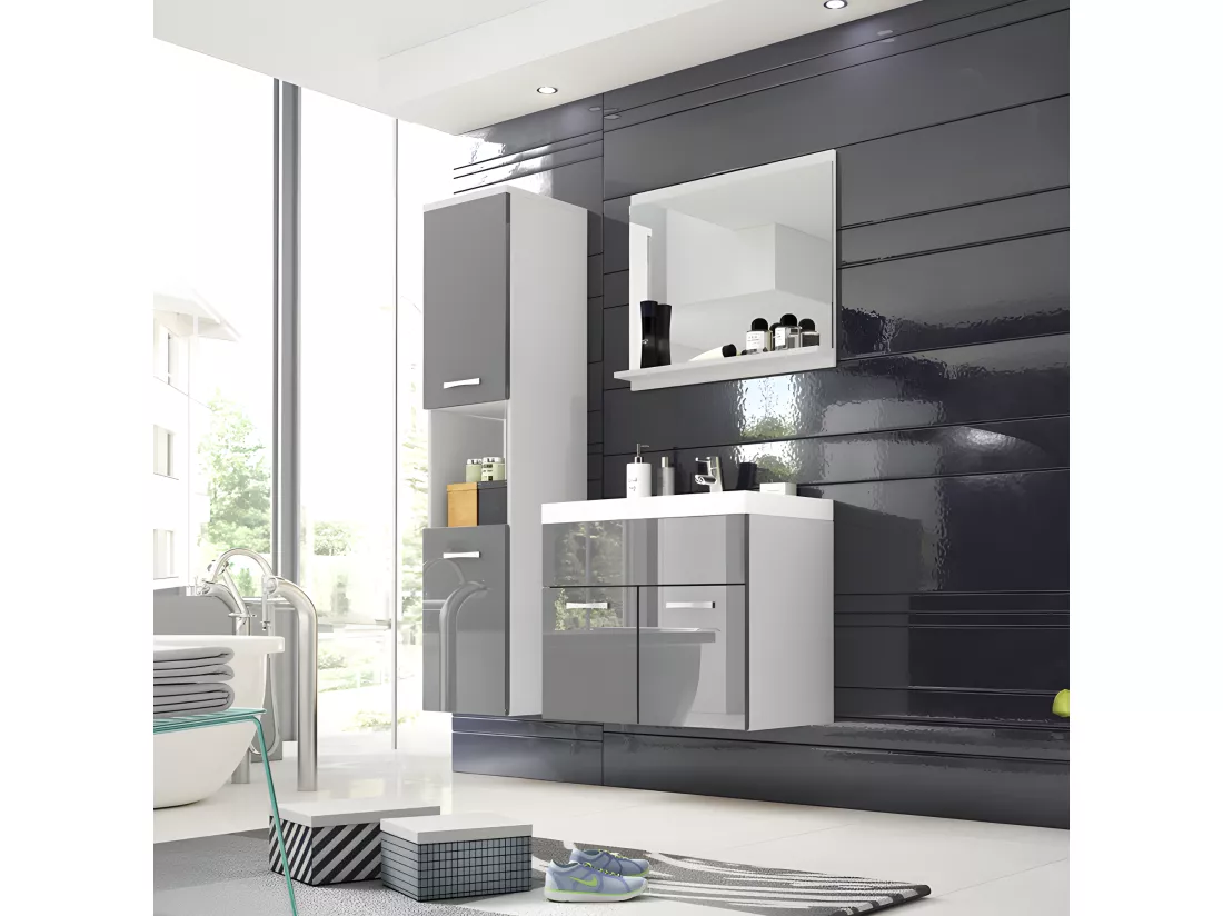 Ensemble de meubles de salle de bain - blanc mat / gris brillant - Sillali petit