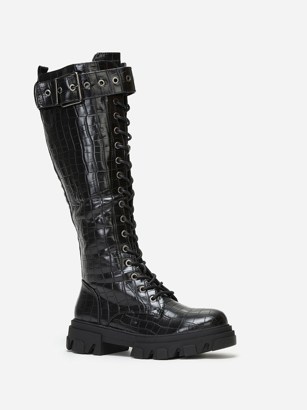 Bottes rangers crantées à boucle- Noir texturé