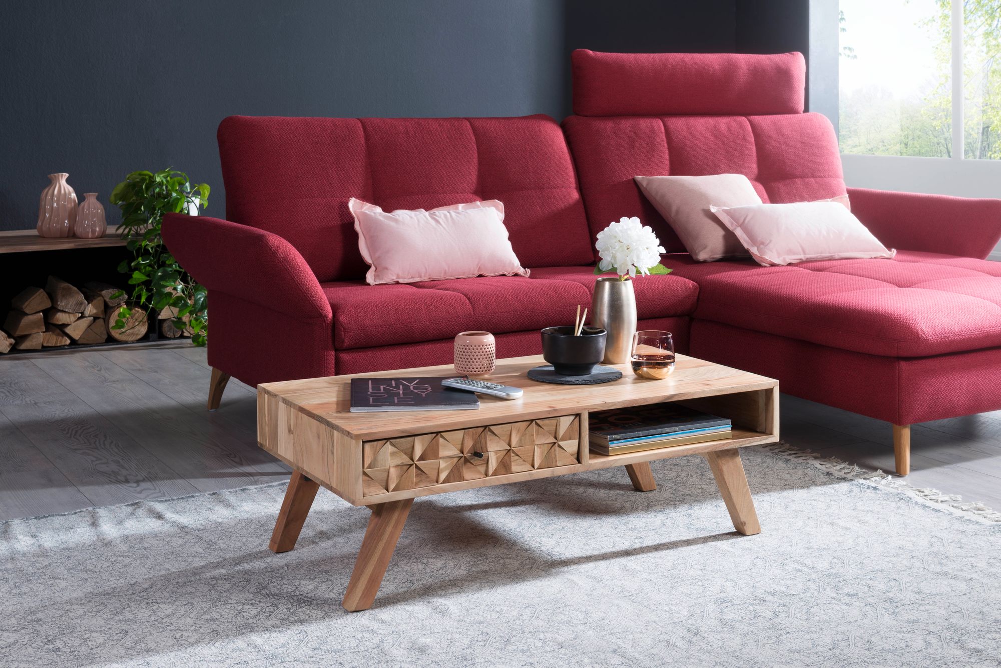 KADIMA DESIGN Moderner Landhaus-Stil Couchtisch, massives Holz, Schublade, Ablagefach, 95x35x50 cm