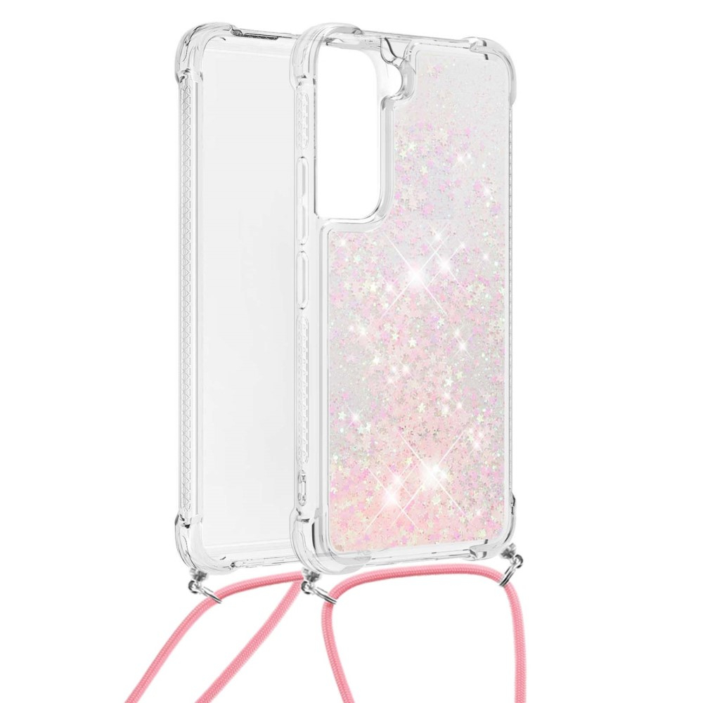 Samsung Galaxy S22 5G Necklace Gummi Hülle Liquid Glitzer   Handykette (130cm) - Rosa
