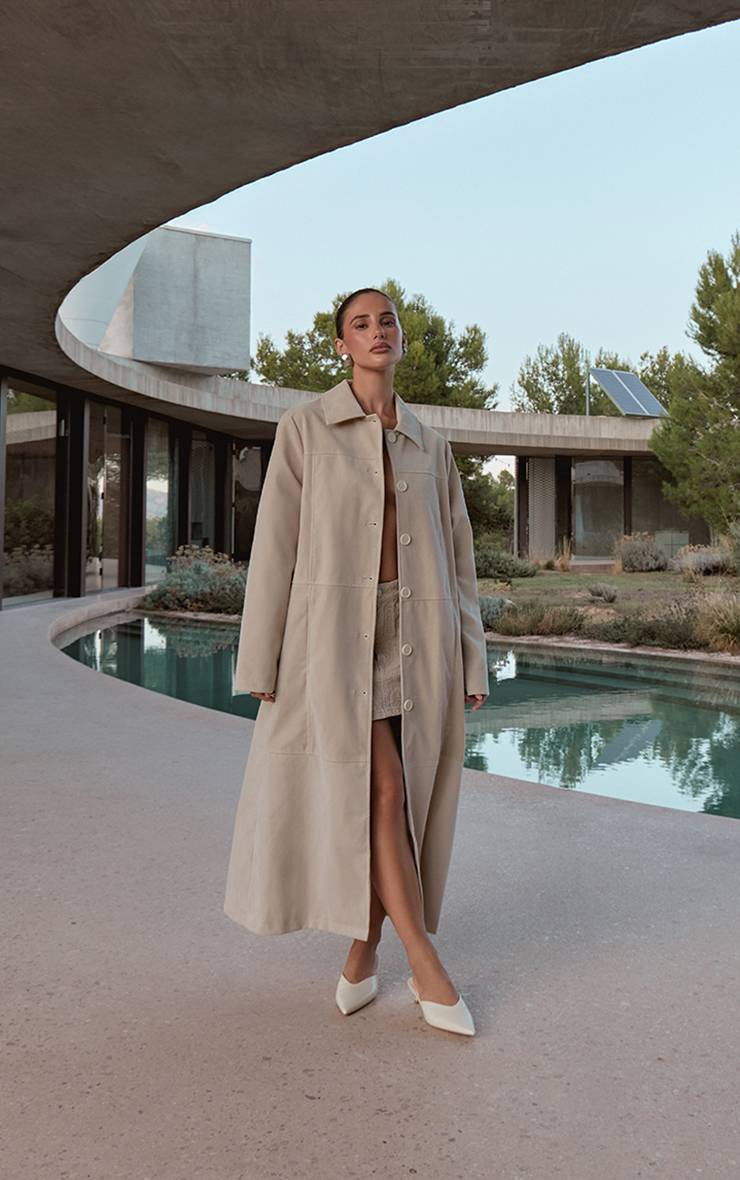 Ecru Manteau Long En Synthétique À Boutons