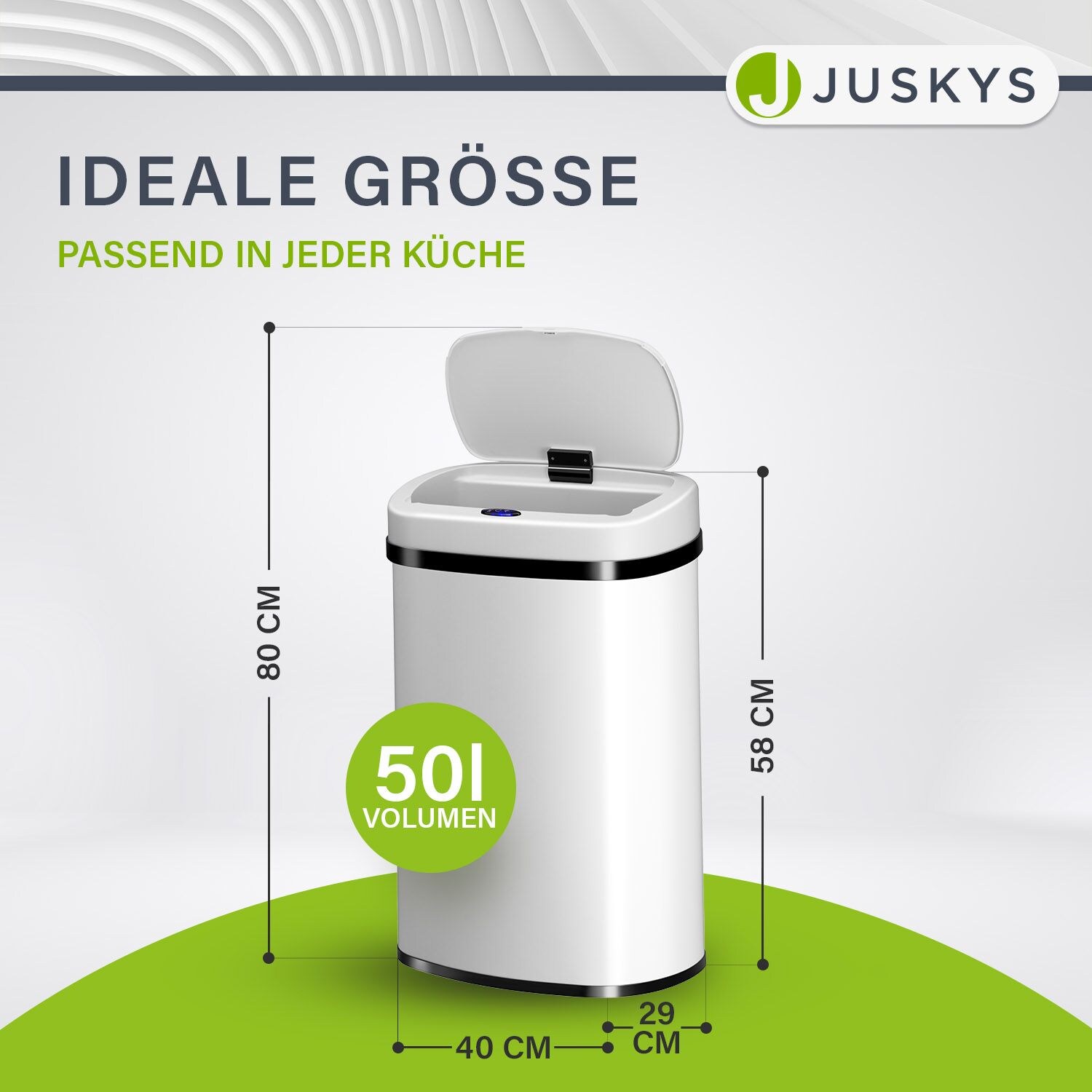 Juskys Automatik Mülleimer mit Sensor 50L - Abfalleimer mit elektrischem Deckel rechteckig - Weiß