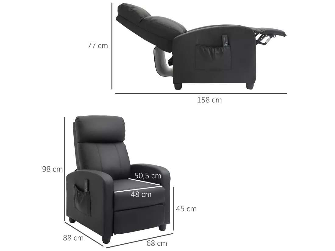 Fauteuil de relaxation et massage inclinaison dossier repose-pied réglable revêtement synthétique noir