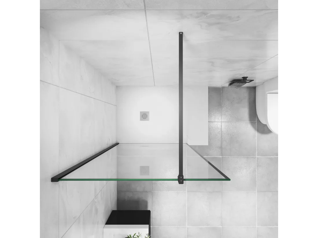 Paroi de douche noire 90x200cm à l'italienne avec barre de fixation noire 90cm en carré, en 8mm verre trempé anticalcaire