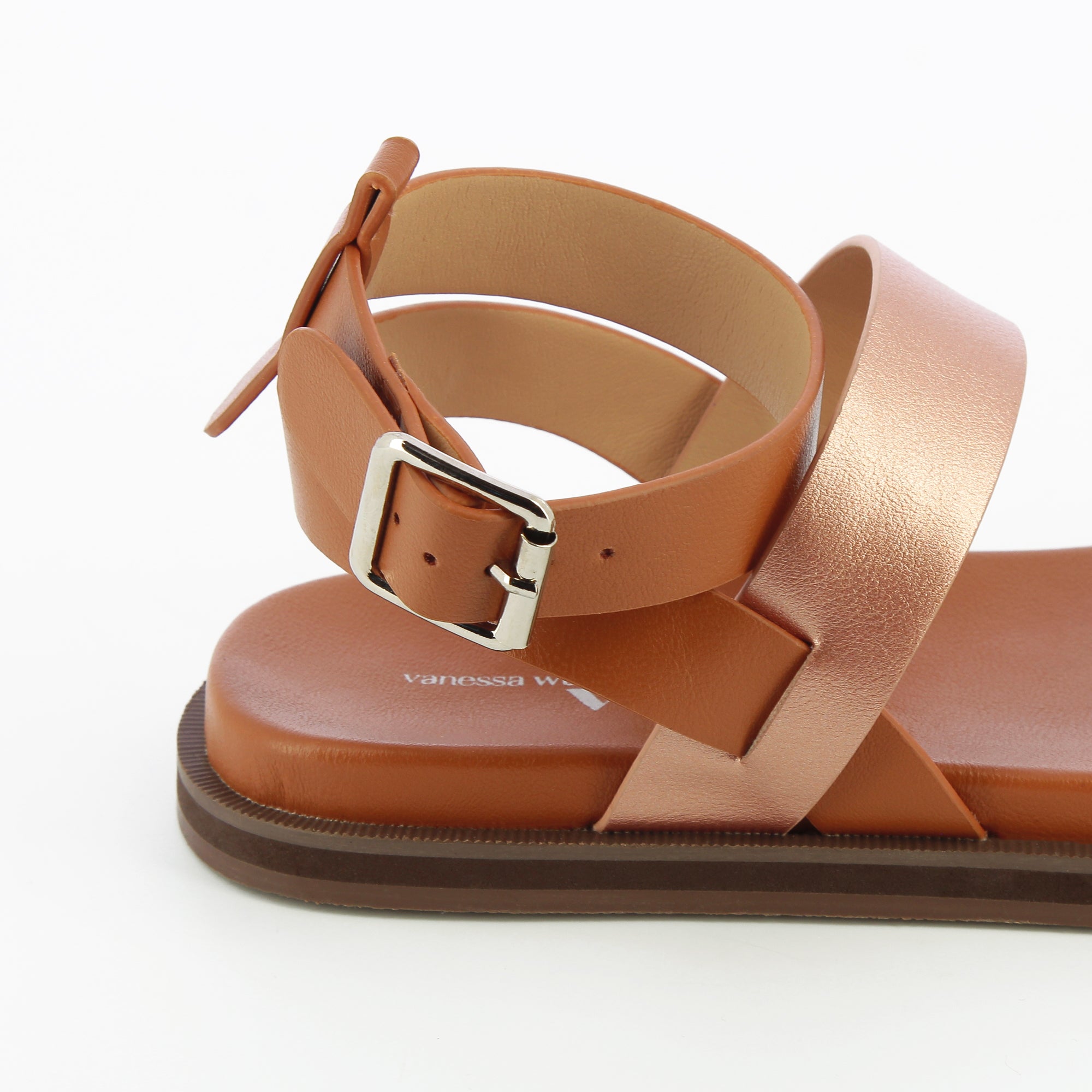 Sandales plates-Sandales plates Ninon camel à brides rose gold et rose pâle