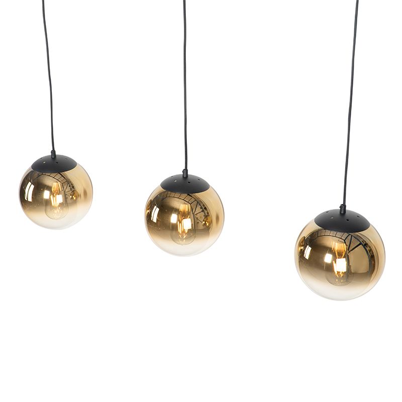Art deco hanglamp zwart met goud glas langwerpig 3-lichts - pallon