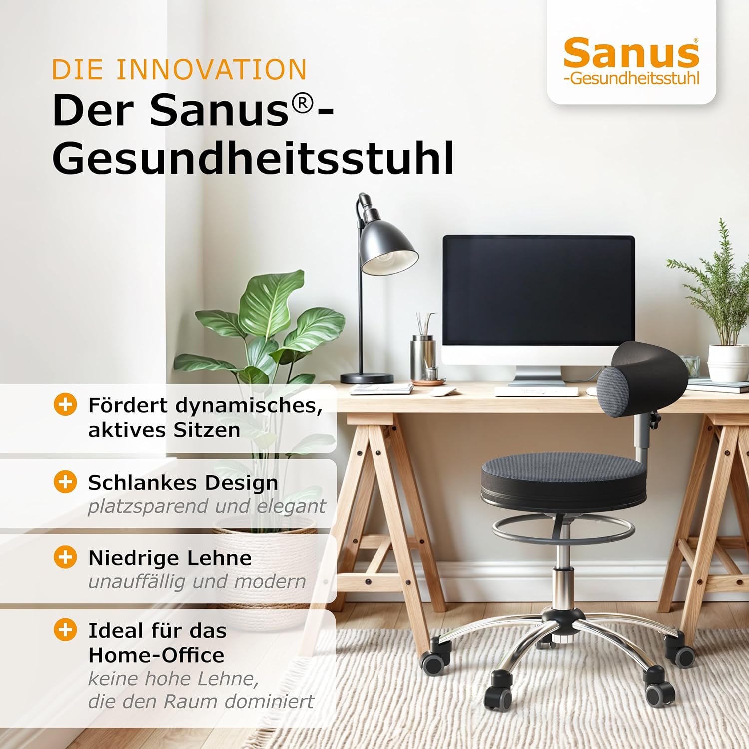 Sanus®-Gesundheitsstuhl | Rollhocker mit 360° Lehne, höhenverstellbarer Lehne, Sitzhöhe (42-51 cm), Stoffbezug rot/schwarz, Rollstopp-Rollen. Ergonomischer Bürostuhl, Erzieherstuhl